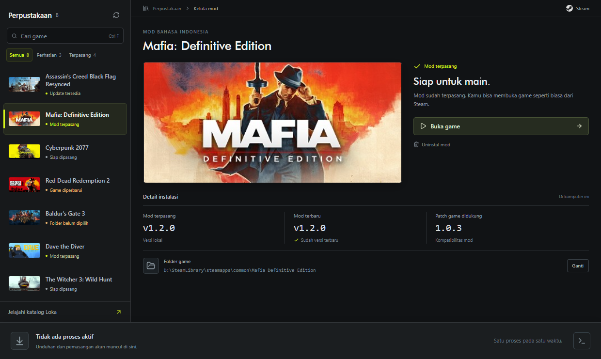 Tampilan Loka Manager: perpustakaan game di kiri, artwork dan tombol kelola mod di kanan.