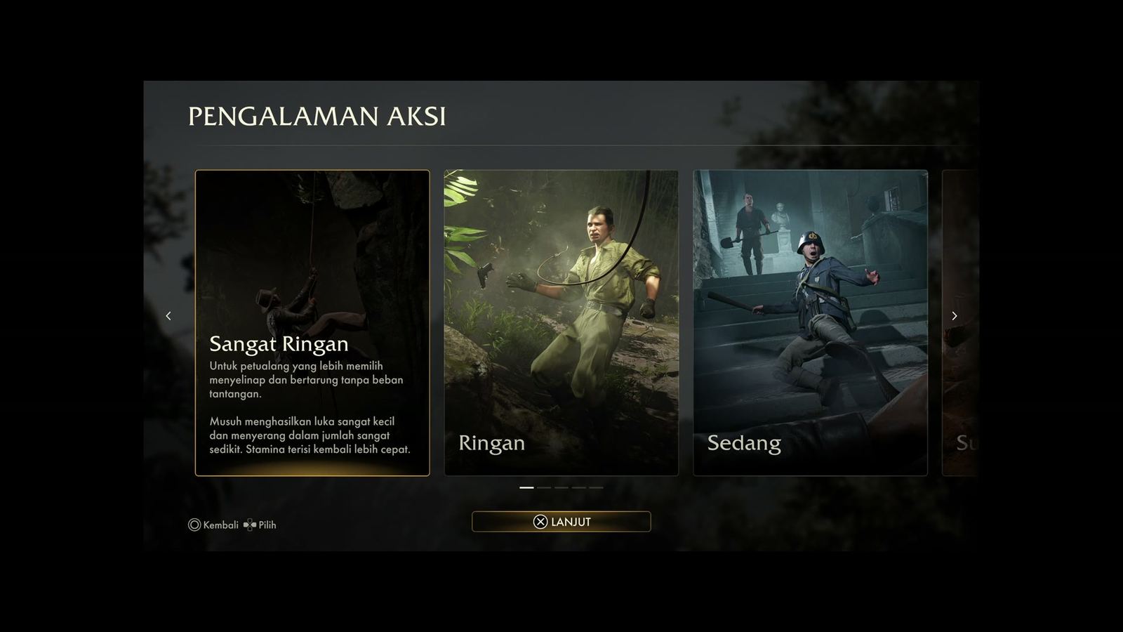 Indiana Jones and the Great Circle, Pilihan tingkat kesulitan aksi, lengkap dengan penjelasannya dalam Bahasa Indonesia.